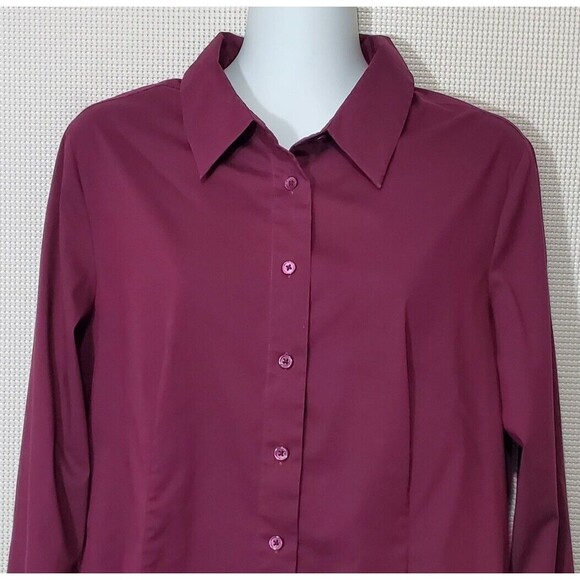 Doncaster Button Up Blouse Womens 14 Burgundy Top Stretch Long Sleeve Business - Picture 2 of 11